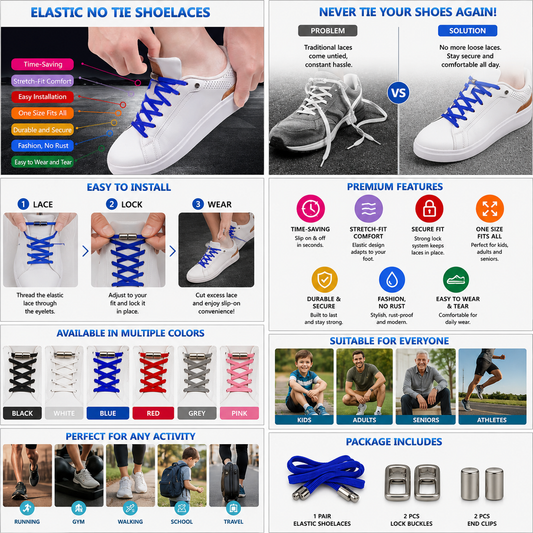 Elastic No Tie Shoelaces – Lock Lace System (pack of 5)