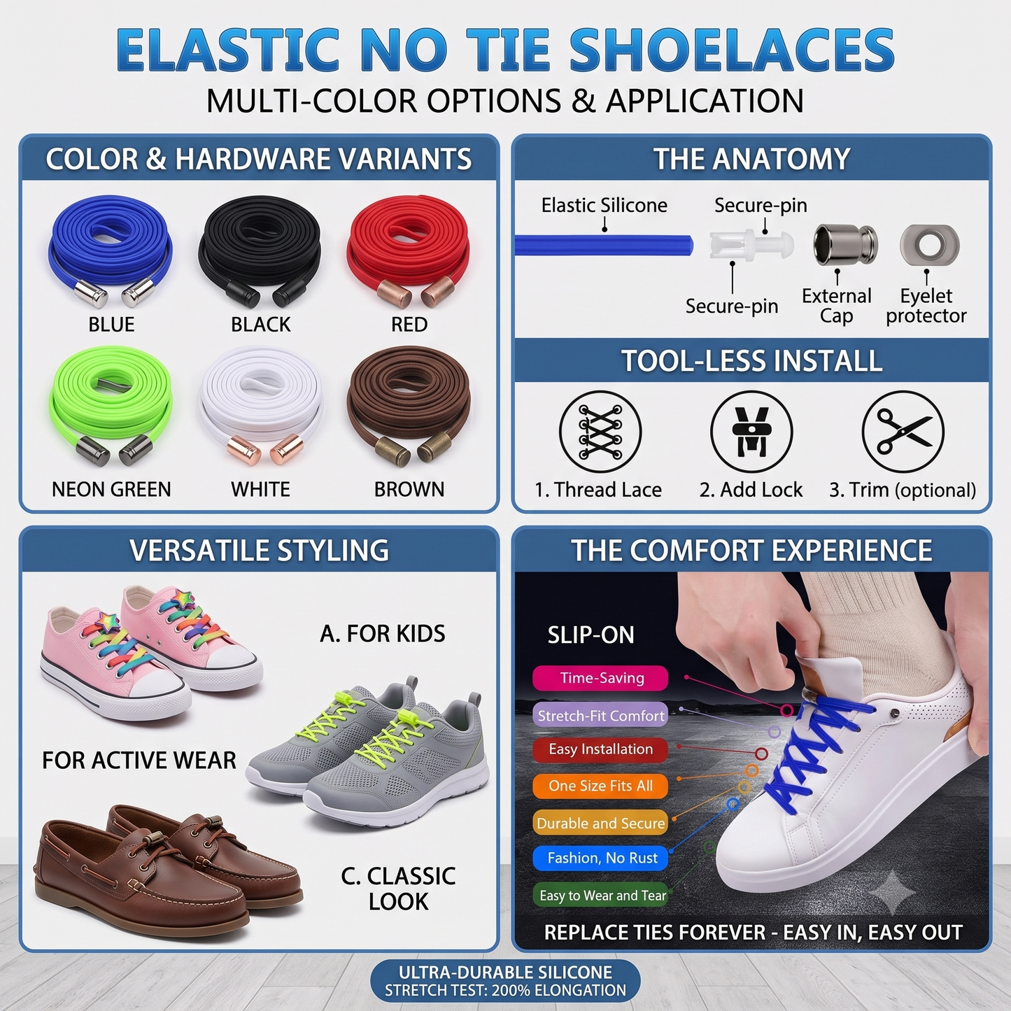 Elastic No Tie Shoelaces – Lock Lace System (pack of 5)