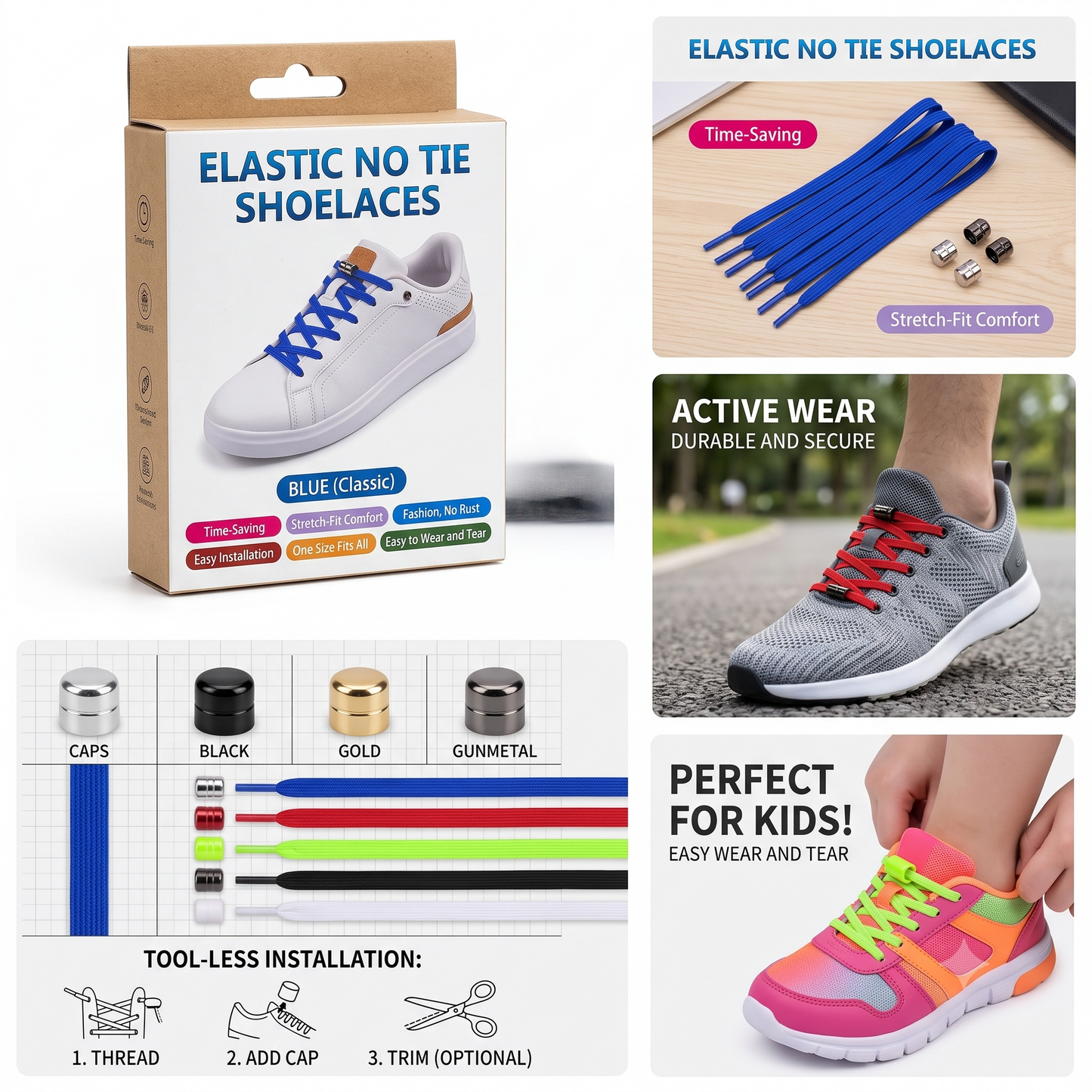 Elastic No Tie Shoelaces – Lock Lace System (pack of 5)